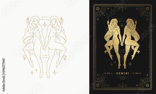 Zodiac gemini girl character horoscope sign line art silhouette design vector illustration