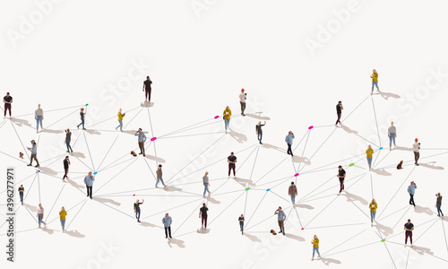 Fototapeta Naklejka Na Ścianę i Meble -  Aerial view of crowd people connected by lines, social media and communication concept. Top view of men and women isolated on white background with shadows. Staying online, internet, technologies.