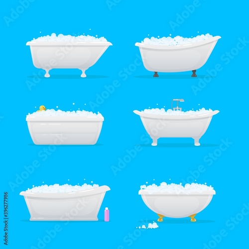 Bathroom bathtubs or tubs cartoon vector. White clowfoot tubs, roll rim and slipper bathtubs with bubbles of bath foam or soap, rubber duck, shower tap and claw feet, bathroom or spa interior design