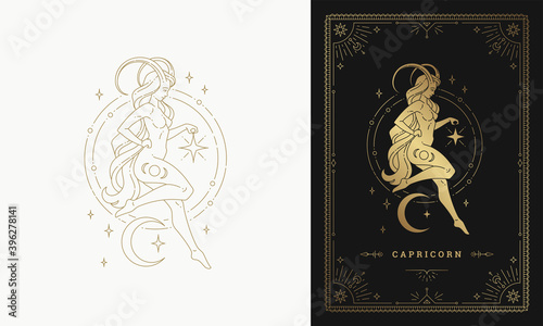 Zodiac capricorn girl character horoscope sign line art silhouette design vector illustration photo