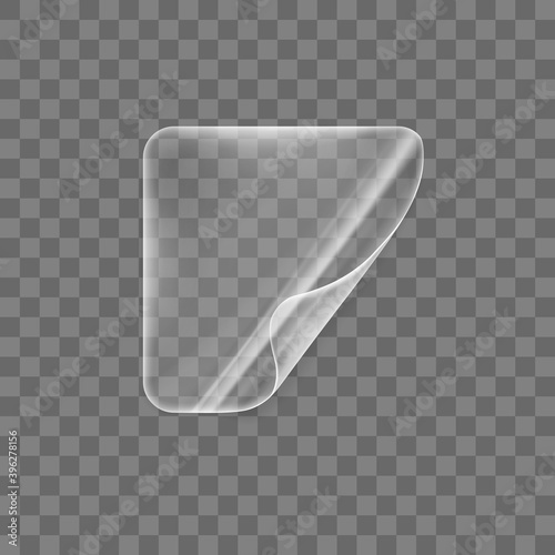 Transparent glued square sticker with curled corner mock up. Blank adhesive paper or plastic sticker label with curled effect. Template label tag close up. 3d realistic vector icon