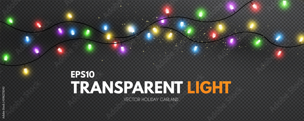 Obraz premium Colorful light garland on transparent background. Shining Christmas lights