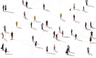 Aerial view of crowd people connected by lines, social media and communication concept. Top view of men and women isolated on white background with shadows. Staying online, internet, technologies.