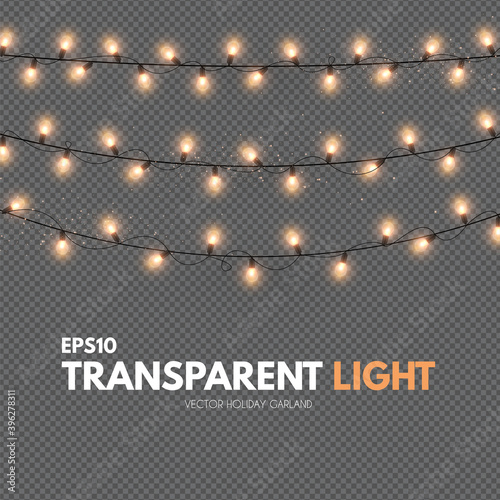 Light garland on transparent background. Shining Christmas lights