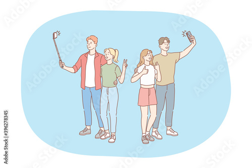 Selfie, smartphone, photograph vector illustration. Smiling young couples standing and making selfie on smartphone for sharing in social media. Lifestyle, photo, shot, sharing, stories, online, mobile