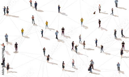 Aerial view of crowd people connected by lines, social media and communication concept. Top view of men and women isolated on white background with shadows. Staying online, internet, technologies. photo