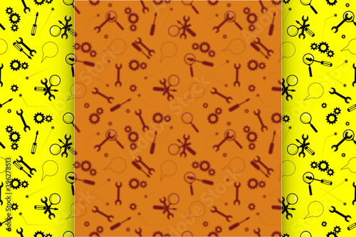 Repair service, technical support - screwdriver, wrench, magnifier, gears. Background for inscriptions, text and lettering. White blurred frosted glass effect