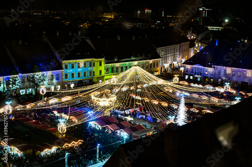 Traditional Christmas market in the historic center of Sibiu, Transylvania, Romania.