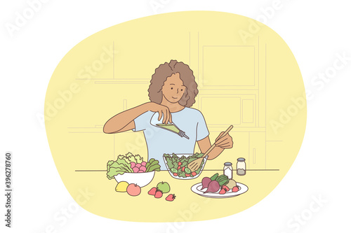 Healthy food, clean eating, nutrition concept. Young positive woman cartoon character cooking fresh healthy salad from ripe farm vegetables in kitchen. Wellness, bodycare, vegetarian lifestyle 