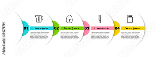 Set line Measuring cup, Kitchen timer, Knife and Cutting board. Business infographic template. Vector.