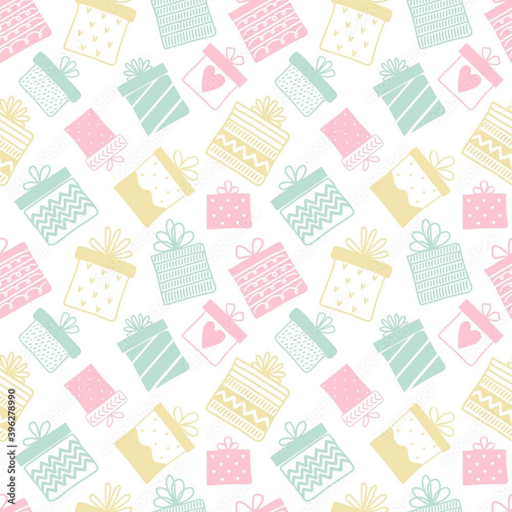 Seamless pattern a variety of gift boxes in pastel color. Festive background of different presents. Design for birthday, childrens holiday, Easter, anniversary in the Scandinavian doodle style Seamless pattern a variety of gift boxes in pastel color. Festive background of different presents. Design for birthday, childrens holiday, Easter, anniversary in the Scandinavian doodle style