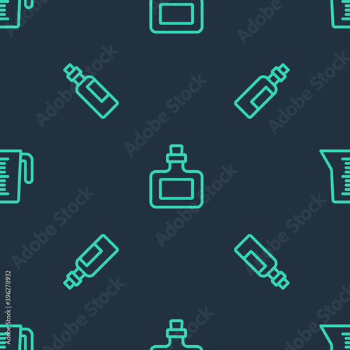 Set line Sauce bottle, Bottle of olive oil and Measuring cup on seamless pattern. Vector.