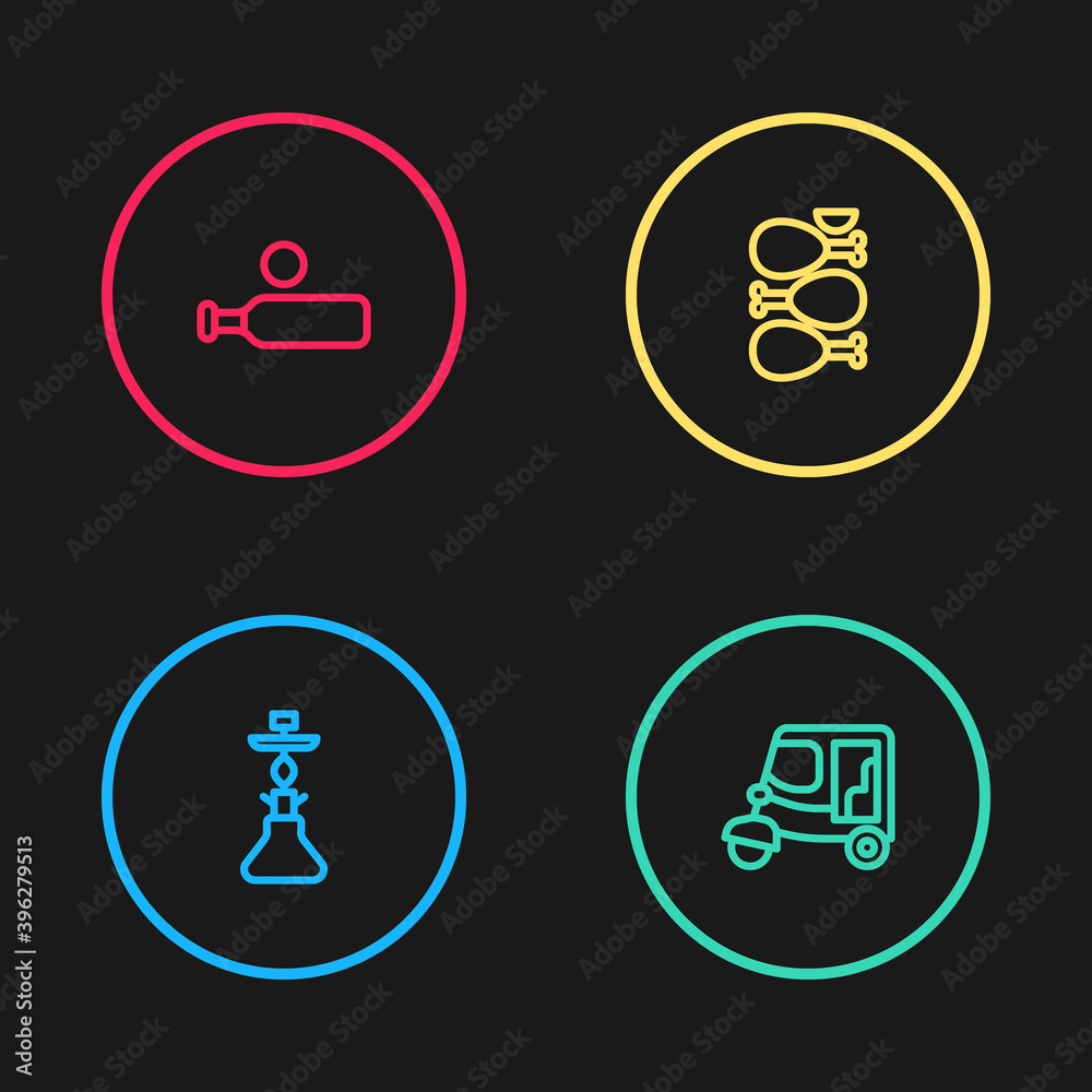 Set line Hookah, Taxi tuk tuk, Tandoori chicken and Wood cricket bat ball  icon. Vector. Stock Vector | Adobe Stock