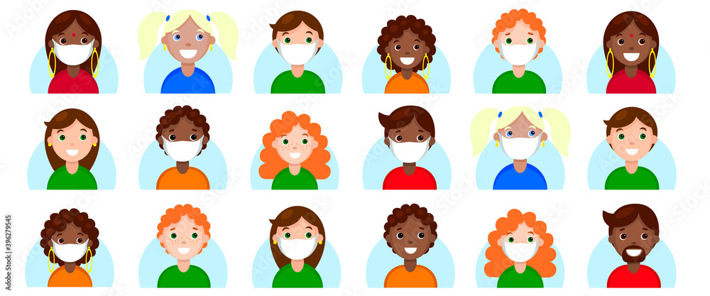 Multinational people avatars in protective face mask set. Characters with different hairstyles user online game icons. New normal health care. Stock vector flat cartoon illustration isolated on white Multinational people avatars in protective face mask set. Characters with different hairstyles user online game icons. New normal health care. Stock vector flat cartoon illustration isolated on white