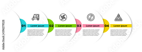 Set line Taxi tuk tuk, Hindu swastika, Yin Yang and Yagna. Business infographic template. Vector.