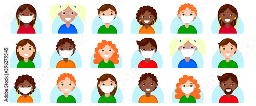 Multinational people avatars in protective face mask set. Characters with different hairstyles user online game icons. New normal health care. Stock vector flat cartoon illustration isolated on white
