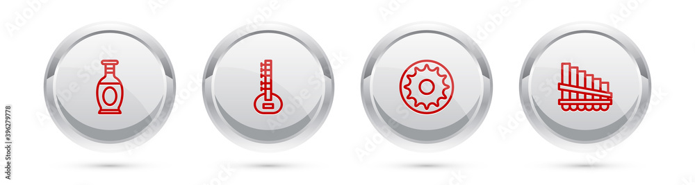 Set line Indian vase, Sitar, Chakra and Pan flute. Silver circle button. Vector. Set line Indian vase, Sitar, Chakra and Pan flute. Silver circle button. Vector.