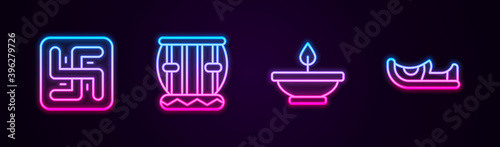 Set line Hindu swastika, Instrument tabla, Aroma lamp and Indian shoes. Glowing neon icon. Vector.