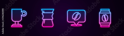 Set line Irish coffee, Pour over maker, Location with bean and Bag beans. Glowing neon icon. Vector.