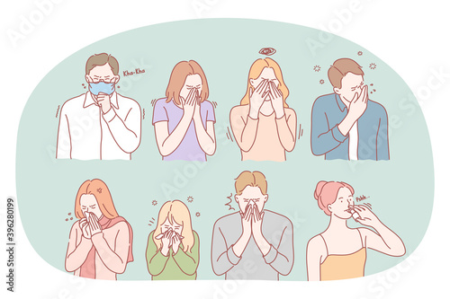 Cold, flu, feeling ill and infection concept. Unhappy sick people cartoon characters coughing and sneezing and feeling bad. Influenza, virus, fever, cough, runny nose illustration