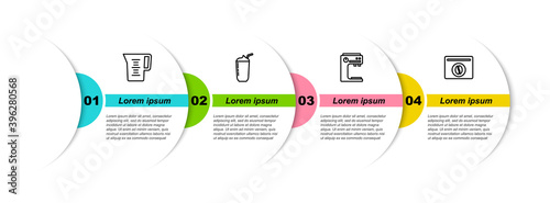 Set line Jug glass with water, Milkshake, Coffee machine and Bag coffee beans. Business infographic template. Vector.