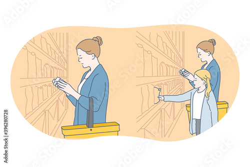 Mother and child, motherhood, activities with children concept. Young happy woman mother cartoon character choosing products in grocery store with blonde daughter illustration 