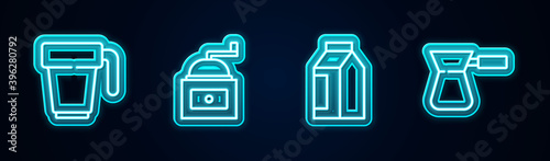 Set line Coffee cup, Manual coffee grinder, Bag beans and turk. Glowing neon icon. Vector.
