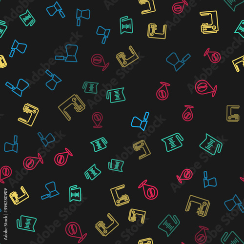 Set line Coffee turk, pot, machine and Location with coffee bean on seamless pattern. Vector.