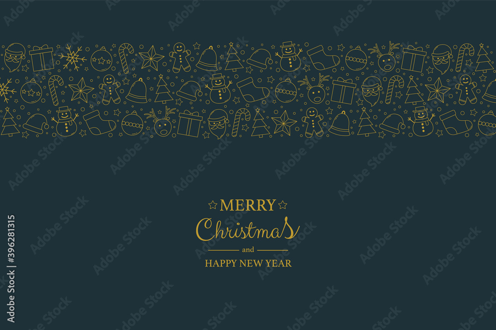 Merry Christmas and Happy New Year. Festive greeting card with icons and wishes. Vector