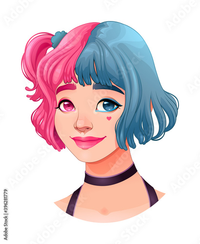 Beautiful young girl with two colors in her hair. Vector cartoon isolated character
