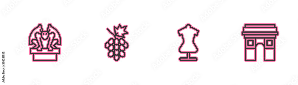 Set line Gargoyle on pedestal, Mannequin, Grape fruit and Triumphal Arch icon. Vector. Set line Gargoyle on pedestal, Mannequin, Grape fruit and Triumphal Arch icon. Vector.