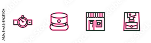 Set line Wrist watch, Coffee shop, Kepi and Handbag icon. Vector.