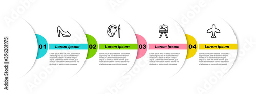 Set line Woman shoe, Paint brush with palette, Easel or painting art boards and Plane. Business infographic template. Vector.