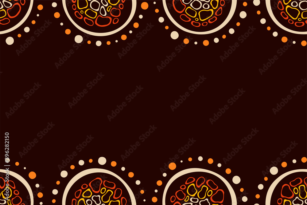 Australian aboriginal seamless horizontal border pattern with circles, crooked stripes, isolated on brown background. Endless stylish texture. Ethnic texture. Space for text. Vector color background.