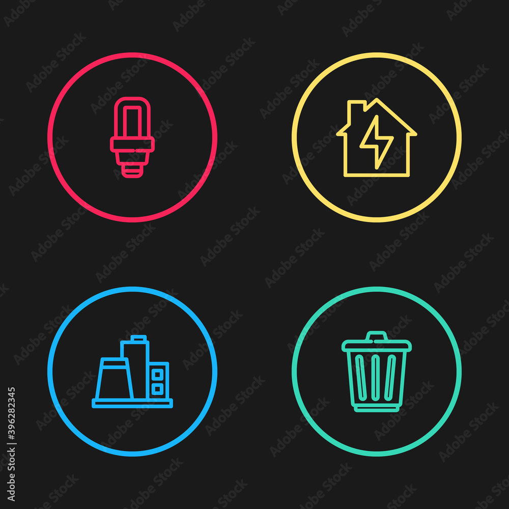 Set line Factory, Trash can, House and lightning and LED bulb icon. Vector. Set line Factory, Trash can, House and lightning and LED bulb icon. Vector.