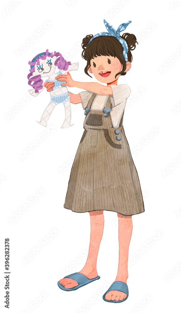 illustration of a cute girl with a doll. Happy child playing with a homemade toy. children's preschool education. cartoon character. illustration of a cute girl with a doll. Happy child playing with a homemade toy. children's preschool education. cartoon character.