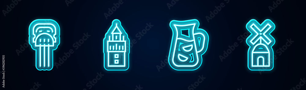 Set line Peineta, Giralda, Sangria and Windmill. Glowing neon icon. Vector. Set line Peineta, Giralda, Sangria and Windmill. Glowing neon icon. Vector.