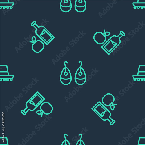 Set line Earrings, Apple cider bottle and Spanish hat on seamless pattern. Vector.