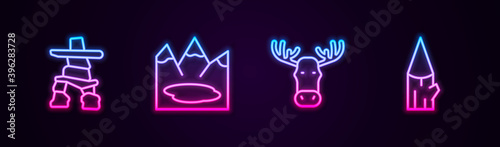 Set line Inukshuk, Canadian lake, Moose head with horns and Wooden log. Glowing neon icon. Vector.