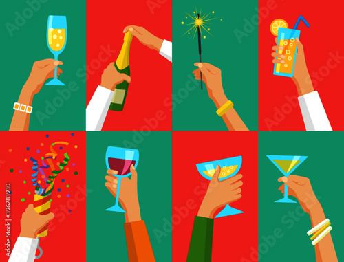 Human hands holding glasses of champagne and other drinks, holding exploding cracker and Bengal fire. Holiday and celebration concept. Can be used for ad, web design, background, card.