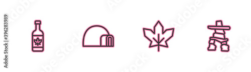 Set line Beer bottle, Canadian maple leaf, Igloo ice house and Inukshuk icon. Vector.