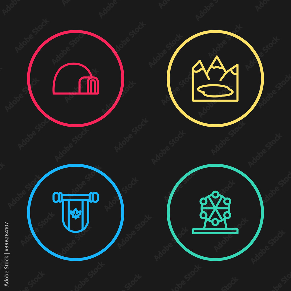 Set line Pennant Canada, Ferris wheel, Canadian lake and Igloo ice house icon. Vector. Set line Pennant Canada, Ferris wheel, Canadian lake and Igloo ice house icon. Vector.