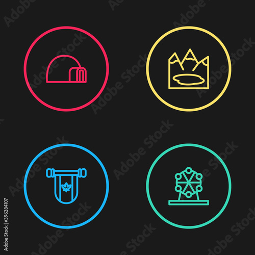 Set line Pennant Canada, Ferris wheel, Canadian lake and Igloo ice house icon. Vector.