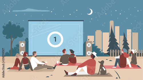 People in outdoor cinema vector illustration. Cartoon man woman couple characters or family with child sitting in open air cinema theater together, watching movie, digital cinematography background