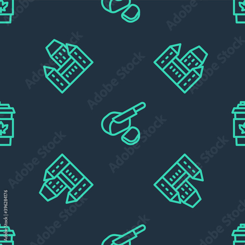 Set line Peameal bacon, Chateau Frontenac hotel and Coffee cup to go on seamless pattern. Vector.