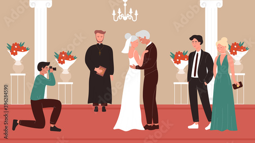 Senior people wedding ceremony vector illustration. Cartoon elderly happy bridal couple get married, aged bride groom standing in old church chapel interior, wedding ceremonial celebration background