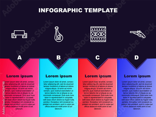 Set line Embroidered towel, Bandura, Ukrainian ethnic pattern and Vintage pistols. Business infographic template. Vector.