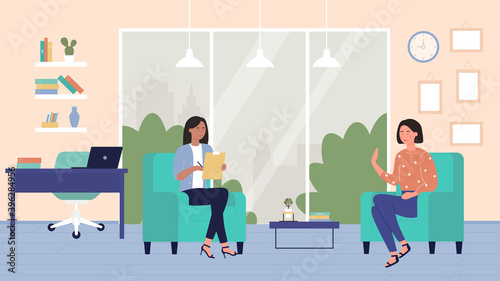 Psychologist counseling patient vector illustration. Cartoon doctor psychotherapist talking with smiling woman in office room interior on psychotherapy appointment, psychology consultation background