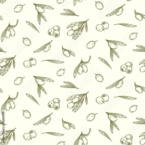 Olive branches seamless pattern. Organic food, vector doodle hand drawn sketch style illustrations collection. Botanical illustration for packaging, menu cards, posters, prints.	