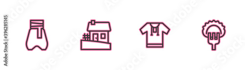 Set line Cossack pants, Embroidered shirt, Ukrainian house and Dumplings on fork icon. Vector.